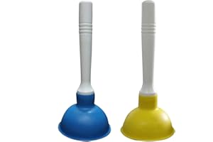 Coralpearl Hand Drain Plunger Small Force Pump Cleaner Plumber Helper Unclogger Tool Short Little Clog Remover for Kitchen Sink, Bathroom Toilet, Shower Tub in 4 Inch Cup 9" Bar Handle (Blue+Yellow)