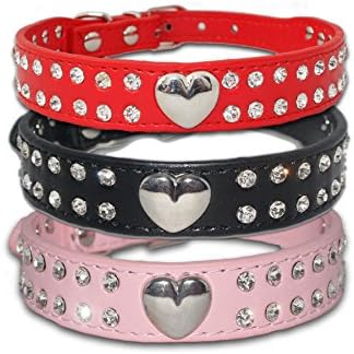 PU Leather Double Diamante Stud Large Heart Dog Collar Puppy Bling Rhinestone Diamante Collor For X-Small Small Medium Dogs (Medium 33cm-39cm W=2.5cm, Pink)