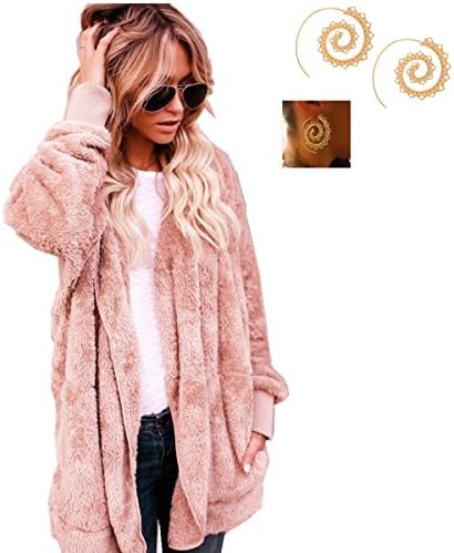Yaaas2U Women's Winter Warm Loose Oversized Fleece Jacket Coat Outwear Plus Size S-XXL with Free Earrings (M, Pink)