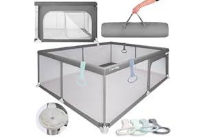 sun baby Laufstall mit grünen Griffen 150x200 cm 0-2 Jahre Grau, Polyester, Netzwände, Eingang mit Reißverschluss, rutschfeste Füße, Tragetasche im Set, Metallrahmen