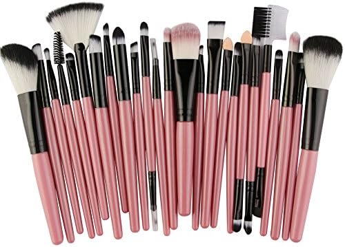 25pc Professional Cosmetic Makeup Brushes set Foundation Eyebrow Blusher Eye Shadow Blending Makeup Brushes Set Lip Brush Kit#10 (Pink handle+Black pipe)