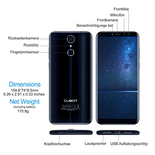 Cubot X18 4G Smartphone Ohne Vertrag (5.7 Zoll (19cm) IPS Touch Display Handy, RÃ¼ckseitenkamera 16MP (mit 1000mha LED Blitz), 13MP Frontkamera (weiches Licht selfie), 3GB RAM, 32GB Speicher, UnterstÃ¼tzung 128GB TF-Karte Expansion, 3200 mAh Batterie, Dual SIM Karten Dual Standby) Blau