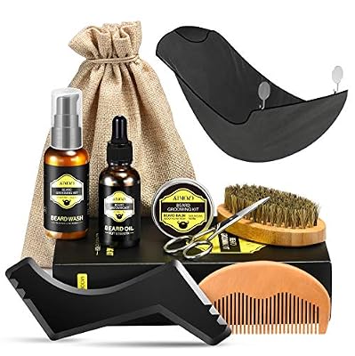Atmoko Kit de Soins Barbe Homme 9Pcs ATMOKO, Kit Soin Barbe, shampoing barbe,Huile à barbe naturel, Baume Barbe, Barbe Peigne et Brosse, Ciseaux à acier inoxydable, Tablier de rasage,Cadeau Idéal pour Homme