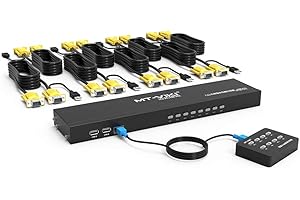 MT-VIKI VGA KVM Switch 8 Port 1U Rack Mount KVM Switch 8 in 1 Out Sharing for Keyboard Mouse USB Speaker Includes 8 x KVM Cables Desktop Control 2 x Rack Mount