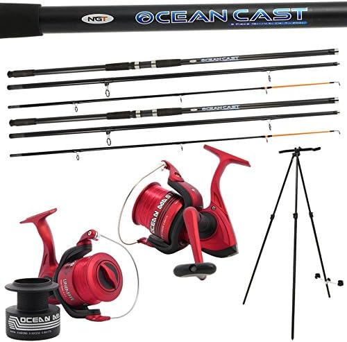 2 x 15FT Beach caster Sea Fishing Rod + 2 Oceanmaster 80 Reels Set + 6FT Tripod