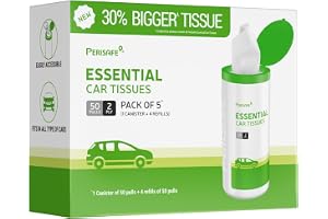 Perisafe Essential Car Tissues Pack of 5 (50 pulls 2 ply–250 pulls) | Fits in All Type of Car Cup Holder| Easily Accessible |Soft, Eco Friendly & Chemical Free |1 Canister of 50 pulls + 4 Refill