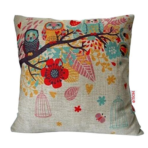 HOSL Cotton Linen Square Decorative Throw Pillow Case Cushion Cover Owls with Birdcage 18 "X18 "