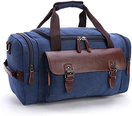 Mupack Men's Top-handle Genuine Leather Weekender Holdall Overnight Bag Canvas Vintage Travel Tote Shoulder Bag(Blue)