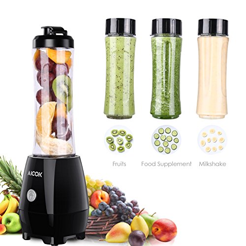 Aicok Mini Mixer Standmixer Smoothie Maker Entsafter Eletronischer Icecrusher mit 600ml Trinkflasche, 4 Edelstahlmesser, 300 Watt, BPA frei, Schwarz - 4
