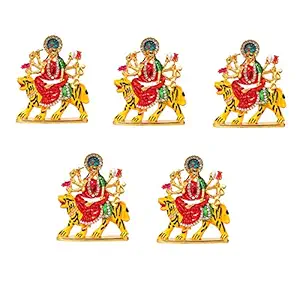 ART N HUB Set of 5 Brass 24 K Gold Plated with Stones Hindu Goddess Durga Devi Handicraft Statue Sherawali Mata Rani / Maa Kali Decorative Spiritual Puja Vastu Showpiece Figurine - Religious Pooja Gift Item & Murti for Mandir / Temple / Home / office