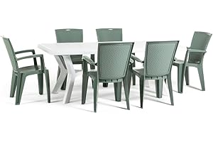 RATTATAN Ensemble de jardin Samuel avec table et chaises Diana pour 6 personnes (table blanche + chaises gris-vert)