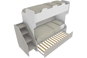 MOBILFINO CAMERETTE TULA- Letto a castello con secondo letto estraibile con scaletta contenitore indipendente - Bianco e rovere rock, con letto estraibile