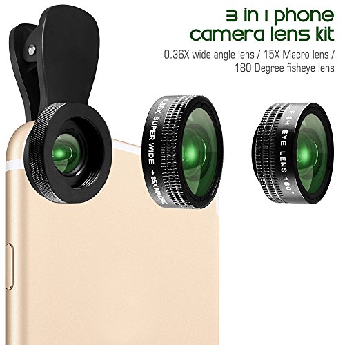 3 in 1 kit Obiettivo per Cellulare, AFUNTA HD Clip-on 15 x Macro e 0.36 x Super Grandangolo, Lente Fisheye 180Â° per iPhone Samsung Most Smartphones