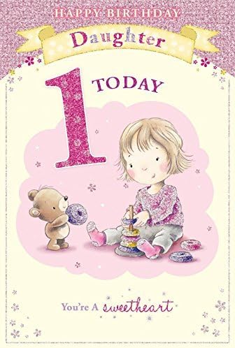 Daughter's 1st Birthday Card - 1 Today Little Girl & Bear Playing With Toy 9" x 6"