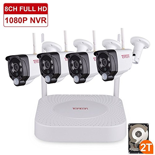 Tonton 1080P Full HD Wireless Security Camera System, 8CH NVR Recorder with 2TB HDD and 4PCS 1080P 2.0 MP Waterproof Outdoor Indoor Bullet Cameras with PIR Sensor, Audio Record and Clear Night Vision