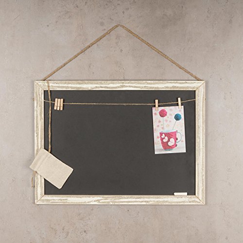 Memotafel Memoboard 55x40cm Tafel Wandtafel aus Holz in weiß gewischt mit Klammern & Kordeln zum Hängen – Landhaus Vintage Shabby Kreide Kreidetafel Küchentafel Wäscheklammer - 2
