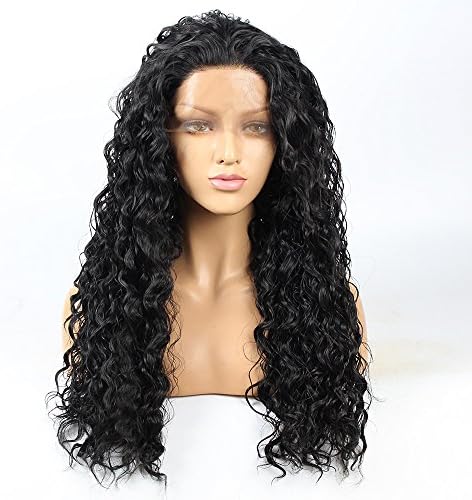 Wig Queen 250% Density Lace Front Synthetic Hair Wigs Long Curly Wigs Hand Tied Cap Heat Resistant Glueless Wig With Baby Hair For Women(26"Lace Front,Black)