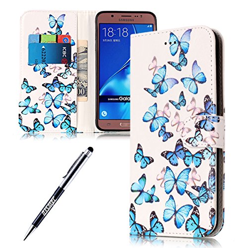 Case Samsung Galaxy J7 2016, Cover Samsung Galaxy J7 2016, JAWSEU Samsung Galaxy J7(2016) J710F Phone Case Luxury Marble Design Premium PU Leather Flip Cover for Samsung Galaxy SM-J710F Protector Bumper Skin with Soft Silicone Case Credit ID Card Slots Magnetic Closure Kickstand Strap Smartphone Shell Wallet Pouch Protective Case for Samsung Galaxy J7 2016 + Stylus Pen - Blue Butterflies