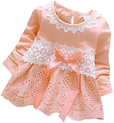 Baby Dress , DoraMe Girls Long Sleeve Party Lace Dress Flower Bow Princess Dress Kids Clothes (M/6-12m, Pink)