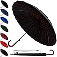 60MPH Strong Umbrella with 24 Ribs - Windproof Umbrella Automatic Large - Reinforced Frame - Wood Hook Handle - Best for Most Ribs - Designer Rainproof Big Golf Men Women - Black with Red Ribs
