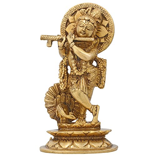 Statue Krishna Playing Flute Sculpture Figurine Hindu Decor Brass, H -5.5 Inch; L- 3 Inch;W- 2 Inch, Weight 860 Grams