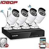 YESKAM CCTV Home Security Camera System Wireless 1080P 4 Channel NVR Recorder with 2.0 Megapixel Outdoor Video Surveillance Cameras Kits Preinstalled 2TB Hard Drive for Remote View on Smartphone App