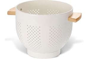 beifeier Passoire Cuisine Avec Manche en Bois et Base Stable, 29 x 22 x 18 cm, Poudre Sûr Alimentaire Enduite, Grande Passoire Métal pour Pâtes, Légumes et Fruits​ (beige)