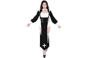 Fiamll Costume d'Halloween pour femme - Costume de nonne effrayante - Robe de religieuse noire pour adulte