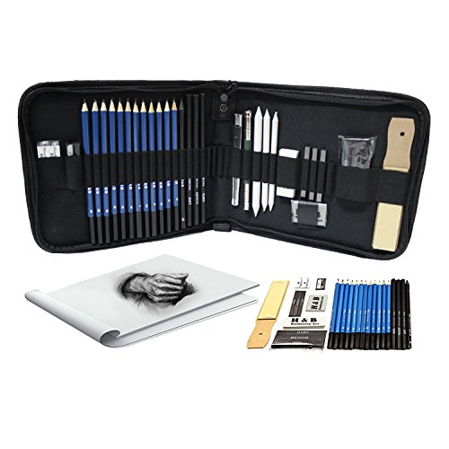 Tinpa 33 Stück Bleistifte Skizzierstifte Set Skizzieren und Zeichnung Bleistift Kit Sketching Set Graphite & Charcoal Bleistifte, Radiergummi, Anspitzer, Stick,Kunst-Zeichnung Zubehör Set für Künstler, Anfänger, Schüler