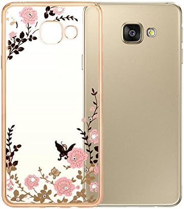 Skitic Clear Secret Garden Case for Samsung Galaxy C7, Butterfly Floral Flower Bling Crystal Rhinestone Diamonds Electroplate Plating Frame Soft TPU Bumper Transparent Protective Back Cover - Gold