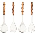 Serving Spoon and Fork Set, 304 Stainless Steel Serving Utensils with Natural Bamboo Handle, 10" Long Handle Serving Set for Kitchen Party Buffet, 4 Pieces / 2 of Each