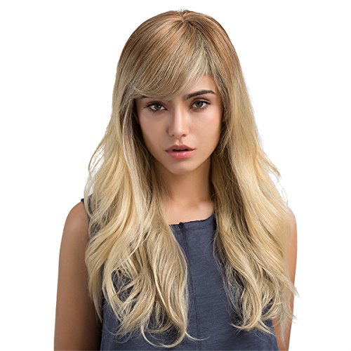 TopWigy Damen Perücken Stylish Menschenhaar Capless Lang Lockige Echthaar Ombre Perücken mit Pony Human Hair Blend Wig für Frauen Waschbar Atmungsaktiv Weich Kopfumfang verstellbar