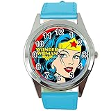 Taport® Wonder Woman Quarz-Armbanduhr, rund, mit blauem Echtleder-Armband, inklusive Ersatzakku und Geschenkbeutel
