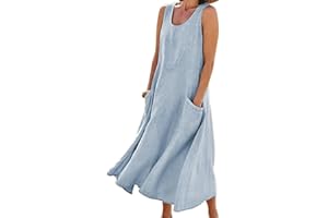 ROFUSSO Abito Estivo Vestito Donna in Lino e Cotone Maxi Abito Senza Maniche Abito da Spiaggia Casual a Girocollo Elegante Abito a Canotta Boho con Tasche