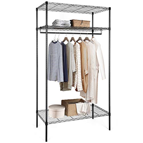 amzdeal Portant Vêtements Penderie Armoire de Rangement Métal de Haute Qualité Solide Spacieux Rangement pour Vêtements Organisateur avec 2 Etagère et Barre de Suspension-Dimensions:88x45x172cm