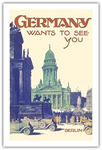 Germany Wants to See You - Berlin - French Church of Friedrichstadt, Berlin Concert Hall - Gendarmenmarkt - German Railroads - Vintage Railroad Travel Poster by Friedel Dzubas c. 1925 - Premium 290gsm Giclée Art Print - 24in x 36in