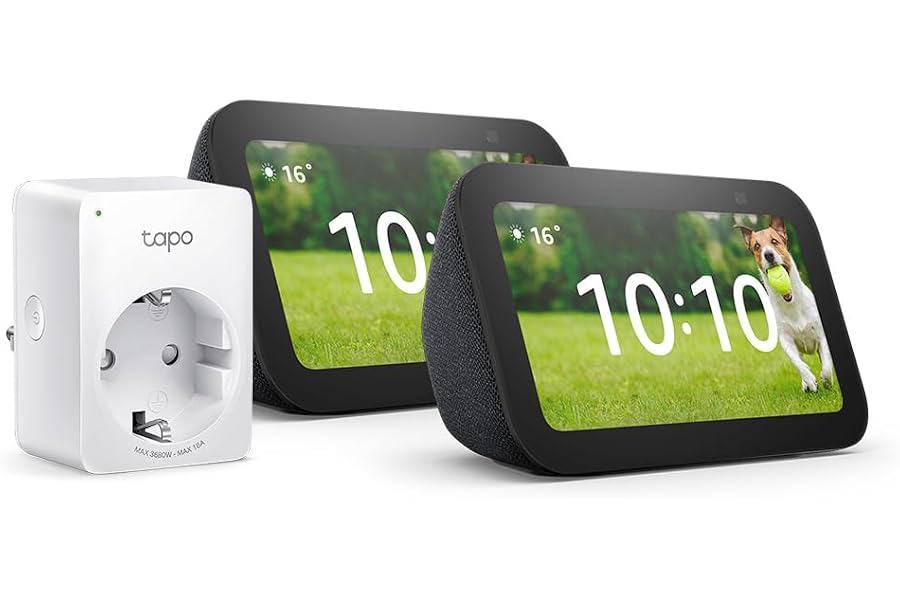 Echo Show 5 (3. Gen.) | Anthrazit, 2er pack + Tapo P100MA WLAN-Steckdose, Funktionert mit Alexa - Smart Home-Einsteigerp