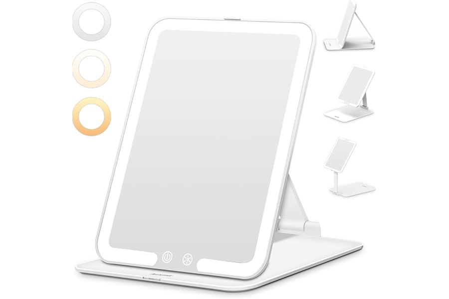 Auxmir Rechargeable Makeup Mirror, Portable LED Lighted Travel Mirror, Rotating Beauty Makeup Mirror with 3 Color Light, Dimmable Brightness, Foldable Tabletop Cosmetic Mirror for Home, Travel