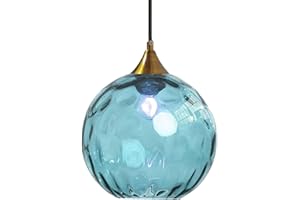 ZTTECH Lampada Sospensione Vetro Blu 200 mm Stile Vintage Supporto Metallo Dorato Bronzo Attacco E27 Lampada Soffitto Isola Cucina Sala Pranzo Camera Letto Soggiorno (Blu, 200mm)