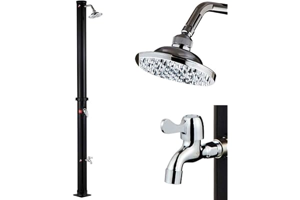 BAKAJI Douche Solaire pour Jardin, Piscine extérieure, Camping, réservoir 35 l avec Pomme de Douche réglable, Lave Pieds, mélangeur d'eau Chaude, raccord Tuyau de Jardin, Dimensions 220 x 16,5 x 16,5