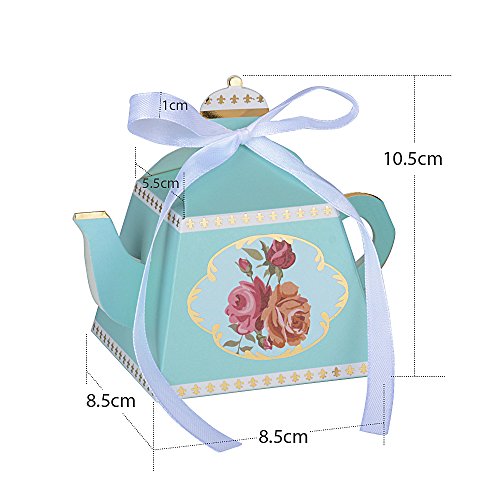 50 Stk Mini Pappe Teekanne Gastgeschenk Box inkl. Seidenbänder Geschenkbox für Hochzeit, Taufe usw. Pralinenschachtel süßigkeiten Bonboniere (Hellgrün) - 3