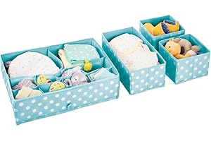 mDesign Set of 4 Fabric Storage Boxes – Drawer Boxes with Multiple Storage Compartments – Nursery Drawer Organisers for Clothes, Nappies, Towels, Lotions and More – Turquoise Blue/White