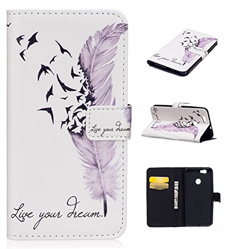 Lederhülle für Huawei Nova,Cover für Huawei Nova Hülle Case,Leeook Elegant Stylish Cool Weiß Blau Feder Vogel Muster Entwurf PU Lederhülle Flip Hülle im Bookstyle Cover Schale Slim Fit Soft Silikon Magnetverschluss Schutzhülle PU Leder Hülle Flip Wallet Case Kunstleder Tasche Cover mit Standfunktion und Kartenfächer Tasche Wallet Case für Huawei Nova + 1 x Schwarze Eingabestift-White Blue Feather Bird - 2