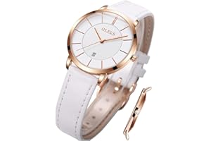 OLEVS Ladies Quartz Watch Minimalist Casual Ultra-Thin Design & Leather Strap & Waterproof & Date Elegant Watch