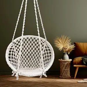 Patiofy Round Cotton Home Swing for Adults & Kids || Hammock Hanging Swing for Balcony, Indoor & Outdoor || Capacity Upto 120 Kgs || Handmade Home Jhula || Wooden Swing Chair (White)