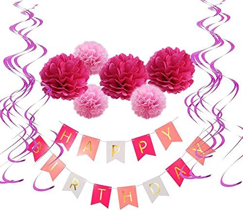 QUCHER Tissue Paper Pom Poms Flower Children Birthday Party Decoration Pack , Garden decoration, 3x 8 "Pompon Paper + 3x 6" Pompon Paper + 18x Spiral ornaments + 1x HAPPY BIRTHDAY Bunting Banner (Pink Style)