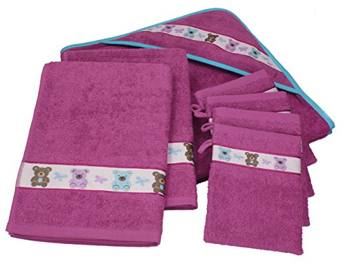 Betz 7 tlg Handtuch Set Kinder Baby 1 Kapuzen Kinderbadetuch 2 Kinderhandtücher 4 Waschhandschuhe Baby Kapuzenhandtuch Kapuzenbadetuch Kapuzentuch 100% Baumwolle TEDDY Farbe pink violett - 2