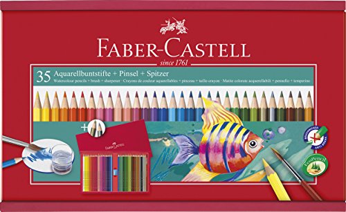 Faber-Castell 114415 - Holzbox mit 35 Aquarellbuntstiften, Spitzer und Pinsel