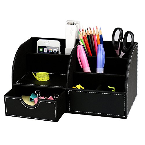 Itian PU Cuir Compartiments de rangement multifonction en Bureau, Organiseur, Collection Boîte de Rangement de Bureau Papeterie, Cartes/stylo/Crayon/Téléphone Portable/Rangement Fournitures Bureau Support Pour Télécommande (Noir)