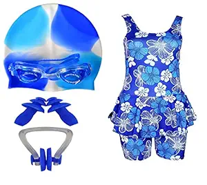 Golden Girl Girls Swimming Kit with Swimming Costume Swimming Goggles Silicone Swimming Cap 1 Nose Clip 2 Ear Plugs (Multicolor_12-13 Years)